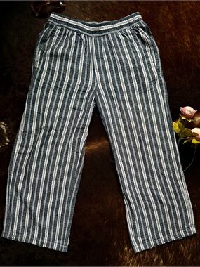 Blue Gray White Striped Wide Leg Pull Coastal Relaxed Pant